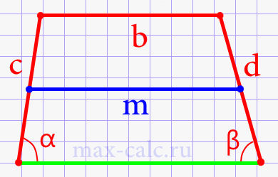 Средняя линия трапеции через боковые стороны, верхнее основание и углы при нижнем основании