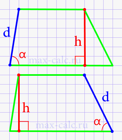 Боковую сторону через высоту и угол при нижнем основании