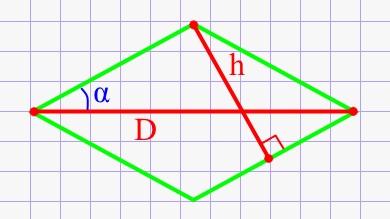 Половинный угол ромба через высоту и диагональ